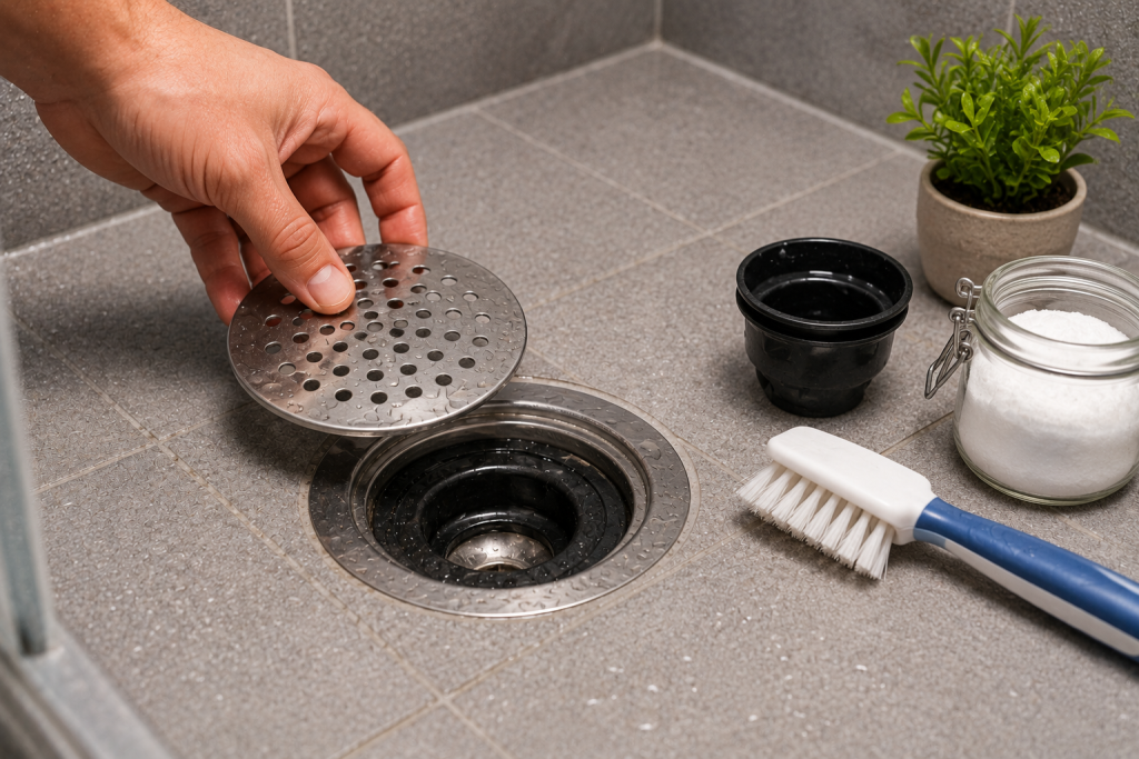 Clean modern shower drain with clear water flowing freely, a hair catcher installed over the drain, and a well-maintained bathroom designed to prevent future sewer odors and drain buildup.