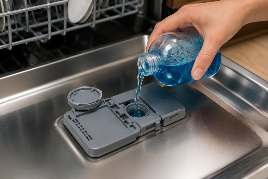Hand pouring rinse aid into the dispenser compartment inside an open dishwasher, showing proper dishwasher maintenance to improve drying performance and reduce water spots on dishes.
