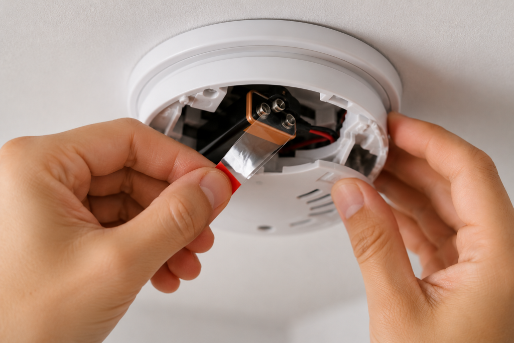 Hand removing a plastic battery pull tab from a ceiling-mounted smoke detector during battery installation.