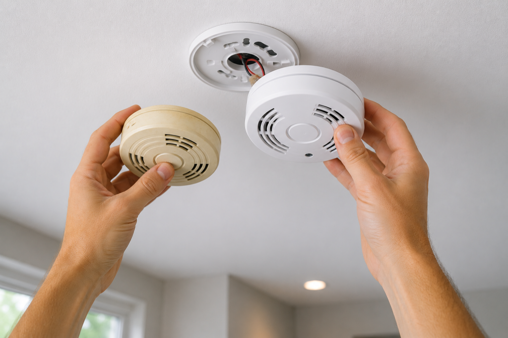 Replacing an old yellowed smoke detector with a new ceiling-mounted smoke alarm to improve home safety and eliminate chirping issues.