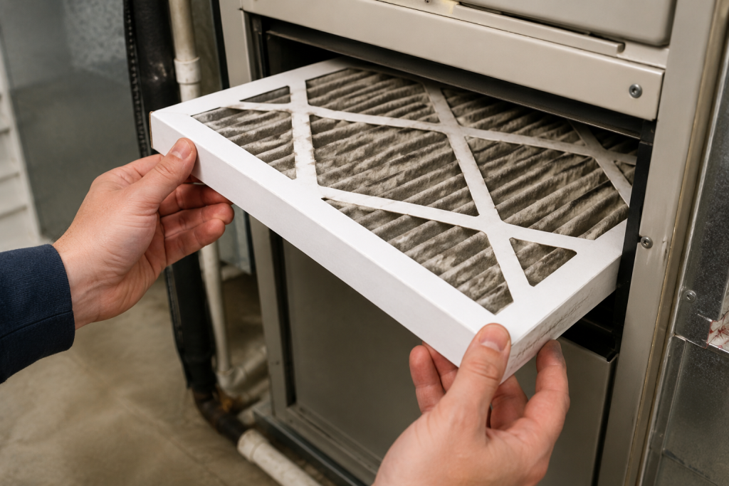 Homeowner replacing a dirty HVAC air filter in a residential furnace to improve airflow toprevent AC Freezing Up.