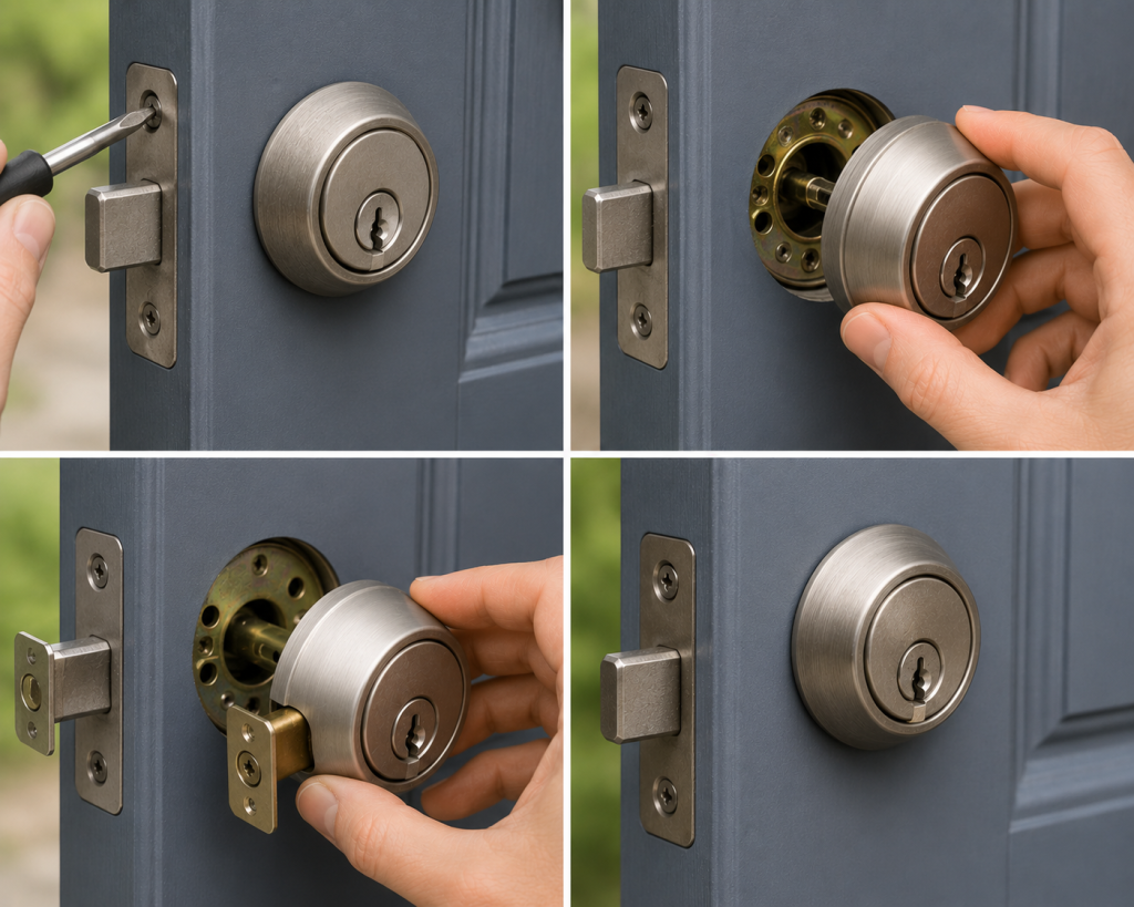Homeowner installing a new deadbolt lock on an exterior door using a screwdriver during a lock replacement project.