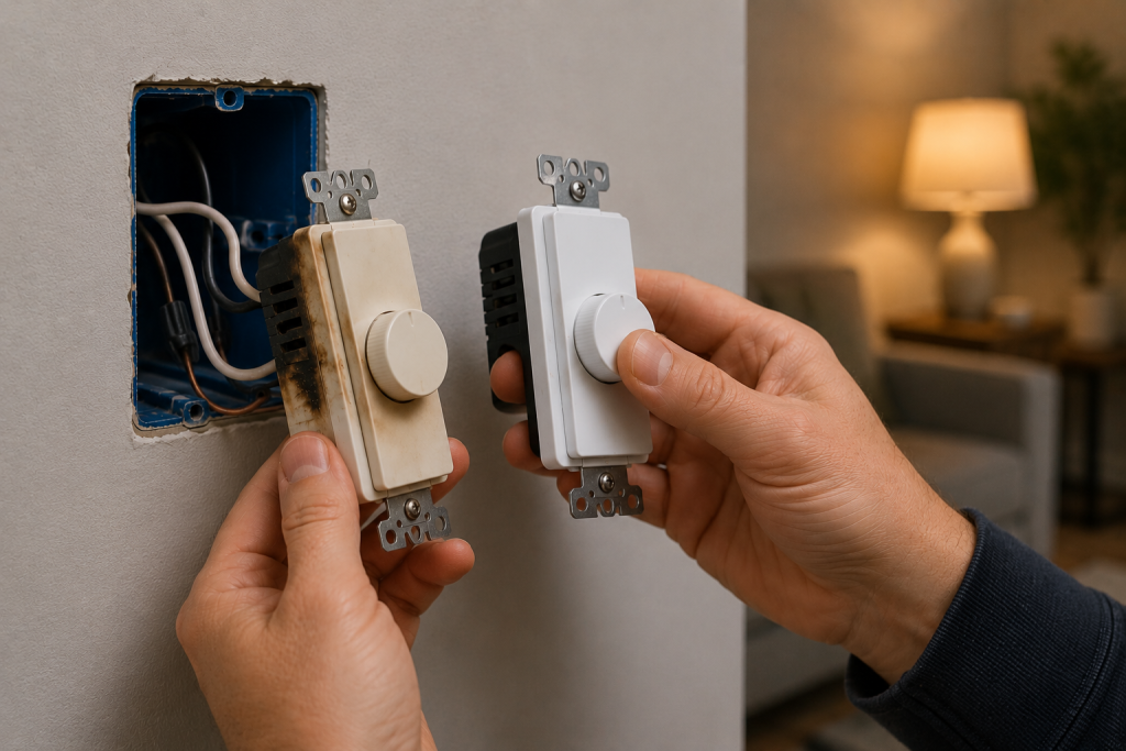 Homeowner replacing an old damaged dimmer switch with a new dimmer switch inside a wall electrical box during a residential lighting repair.