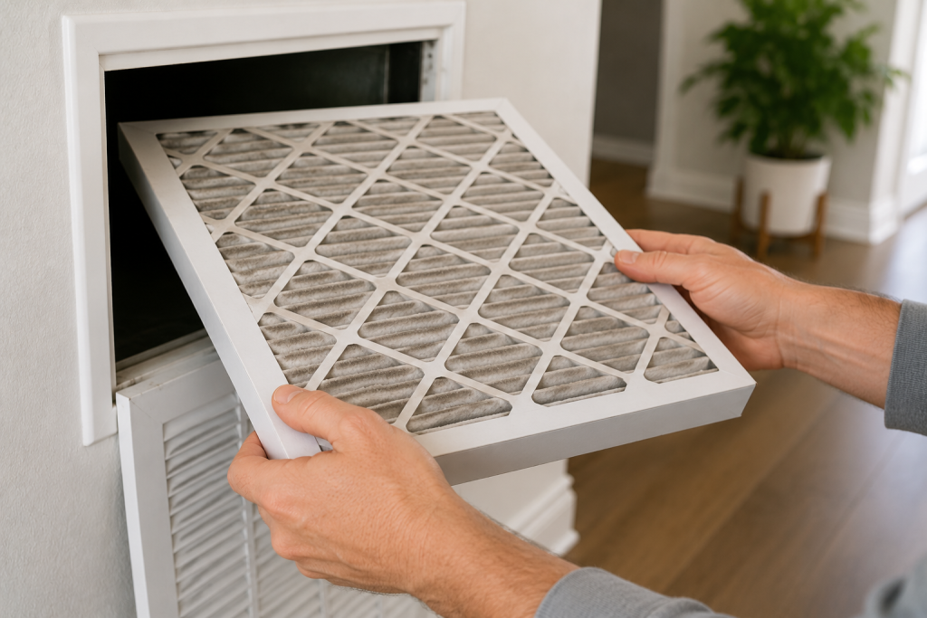 Homeowner removing a dirty HVAC air filter from a residential return vent and installing a clean replacement filter to improve airflow and cooling performance.