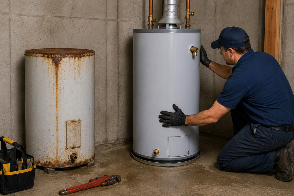 Professional plumber replacing an old leaking water heater with a new residential water heater in a utility room, with both tanks visible during the installation process.