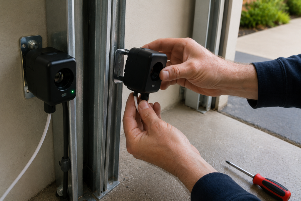 Homeowner installing a replacement garage door safety sensor on a mounting bracket near the bottom of the garage door track, reconnecting the wiring during a sensor replacement repair.
