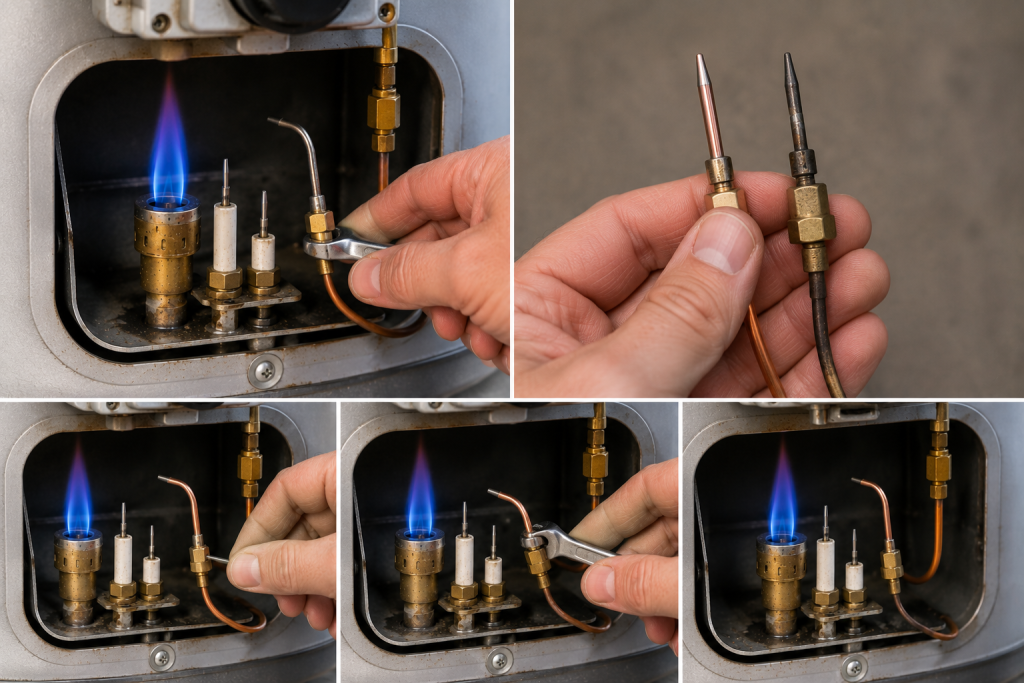 Person replacing a faulty thermocouple on a gas water heater by removing the old component and installing a new thermocouple next to the pilot assembly.