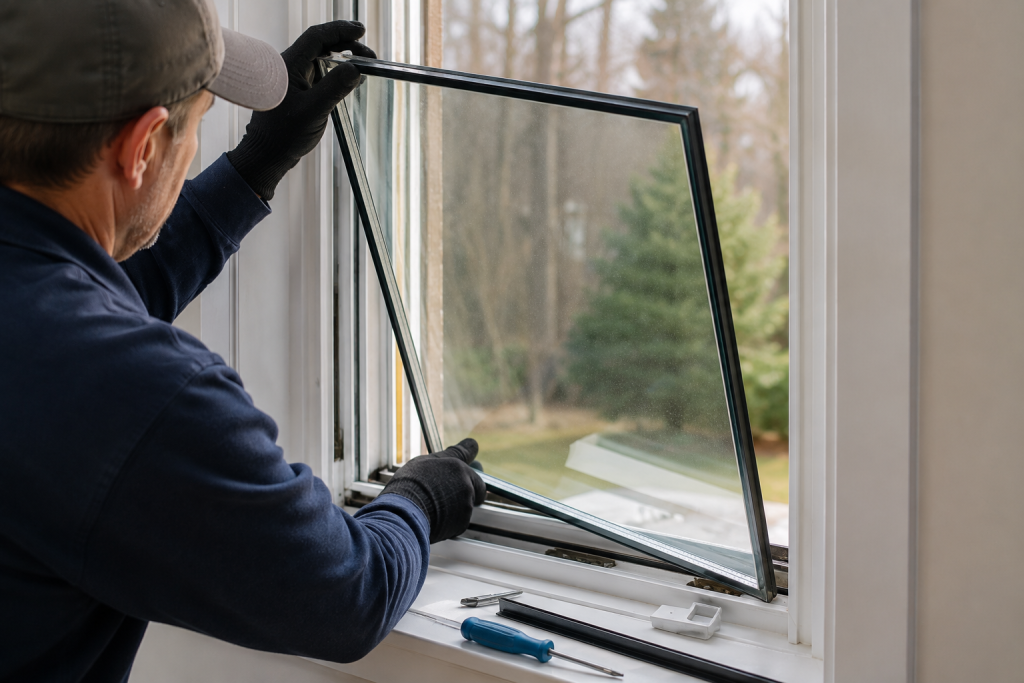Technician installing a replacement insulated glass unit into a residential window frame during a double-pane window repair.