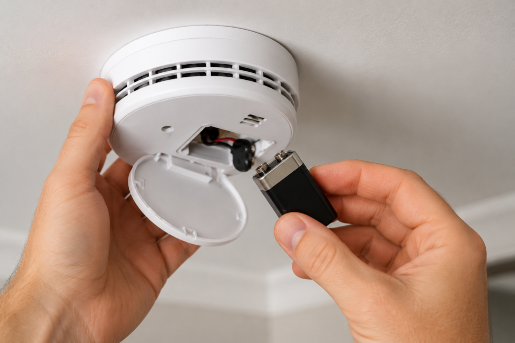 Person replacing the battery in a ceiling-mounted smoke detector during routine home maintenance to prevent false alarms and ensure proper operation.