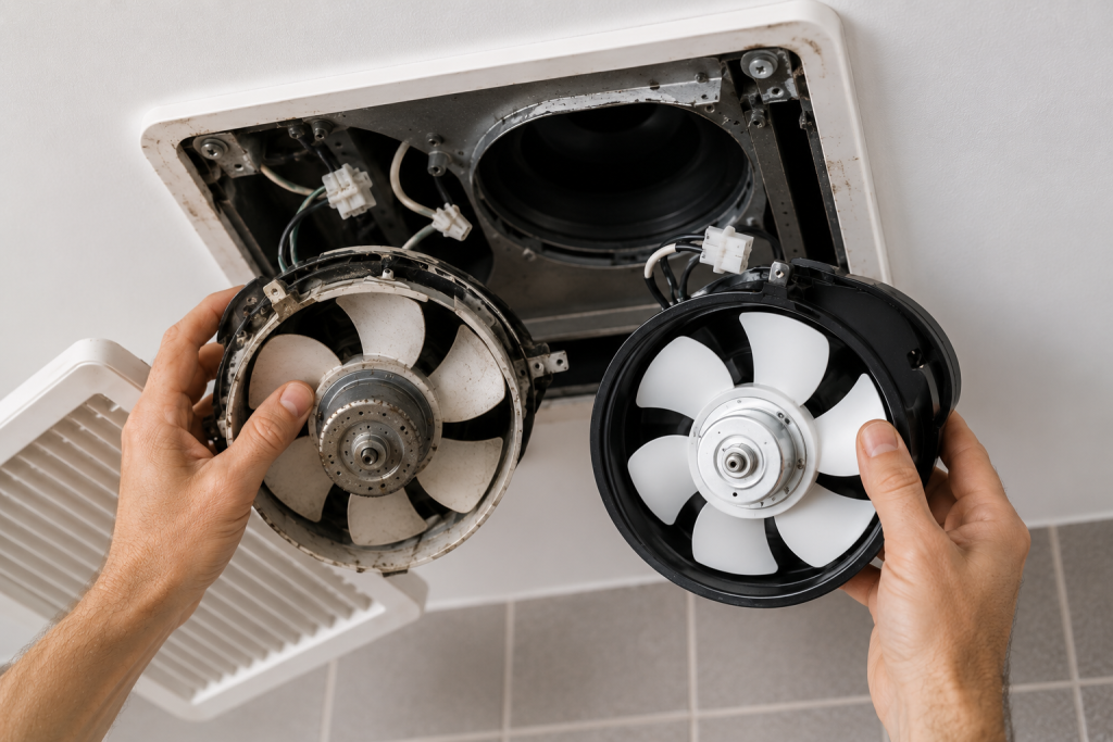 Homeowner installing a new bathroom exhaust fan motor assembly into a ceiling housing, replacing an old worn fan unit with updated components during a bathroom ventilation repair.