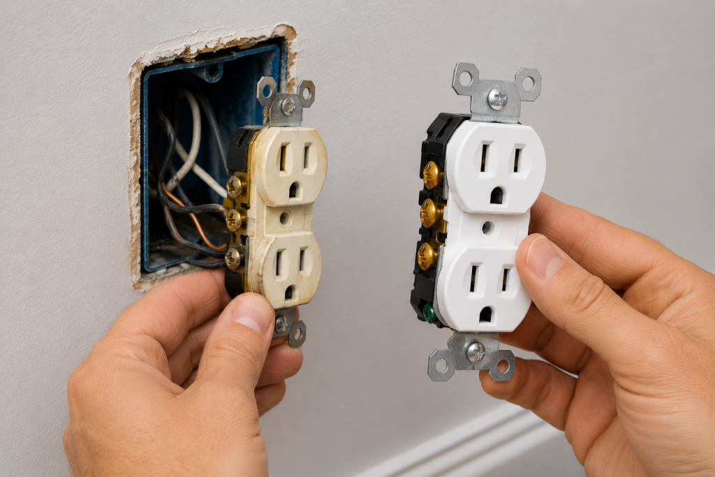 Homeowner replacing an old duplex electrical outlet with a new receptacle during a residential electrical repair project.