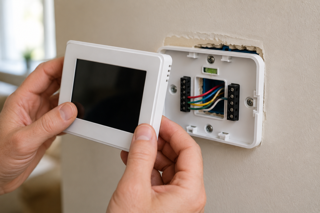 Person installing a new digital thermostat onto a wall-mounted base after connecting the thermostat wiring.