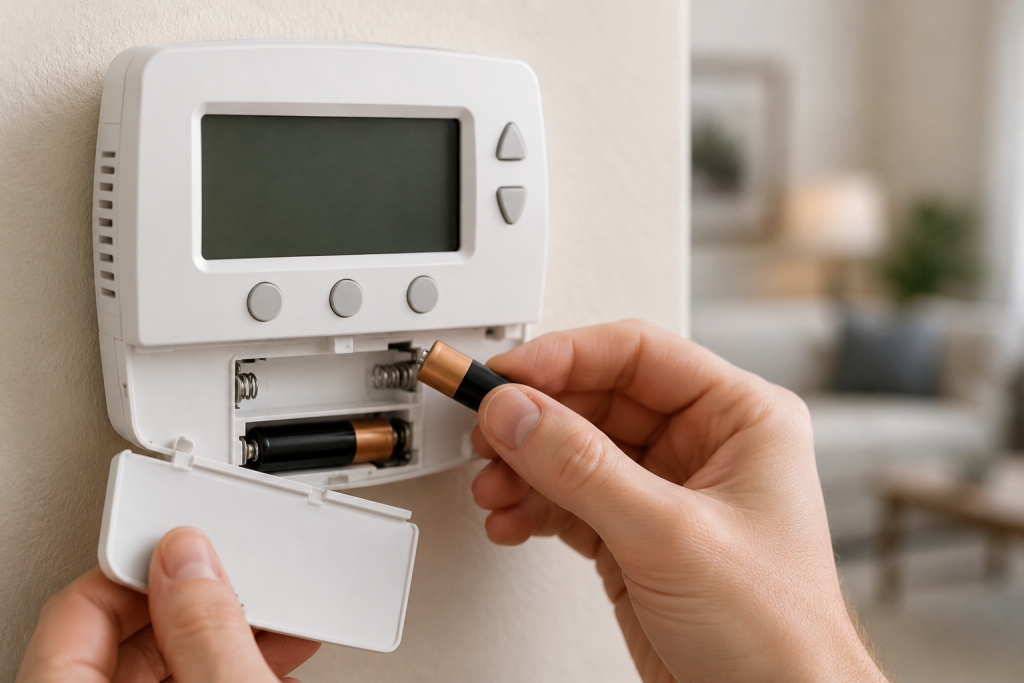 Person replacing batteries in a wall-mounted digital thermostat by opening the battery compartment and inserting new batteries for Thermostat Blank Screen.