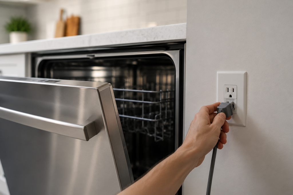 Homeowner unplugging a Bosch dishwasher from a wall outlet to perform a reset procedure in a modern kitchen.