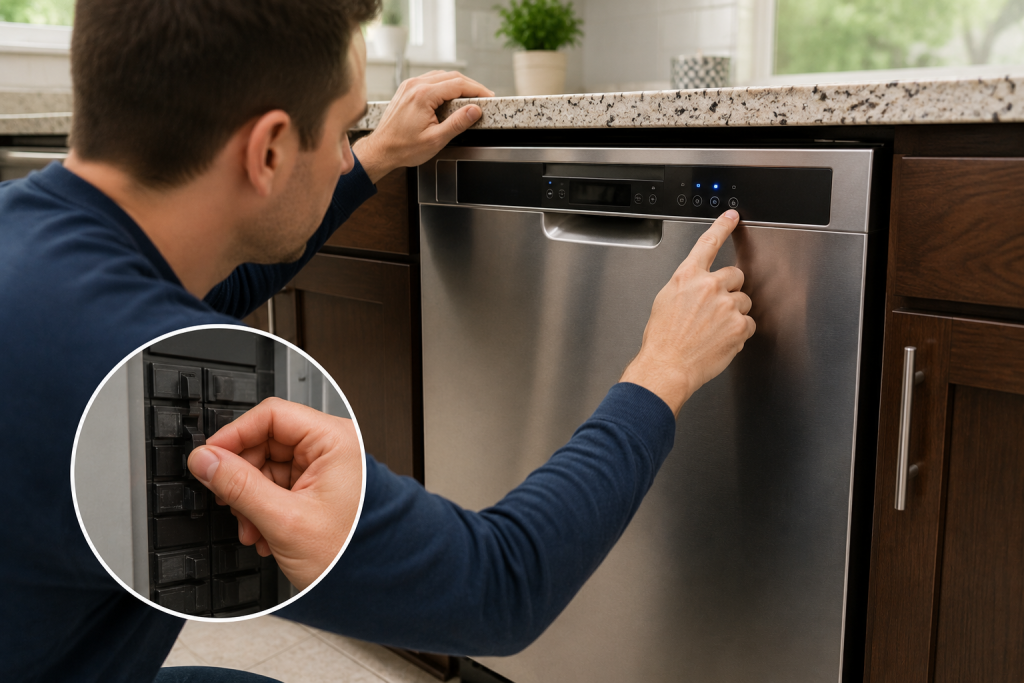 Homeowner resetting a dishwasher by restarting the control panel and cycling power at the circuit breaker
