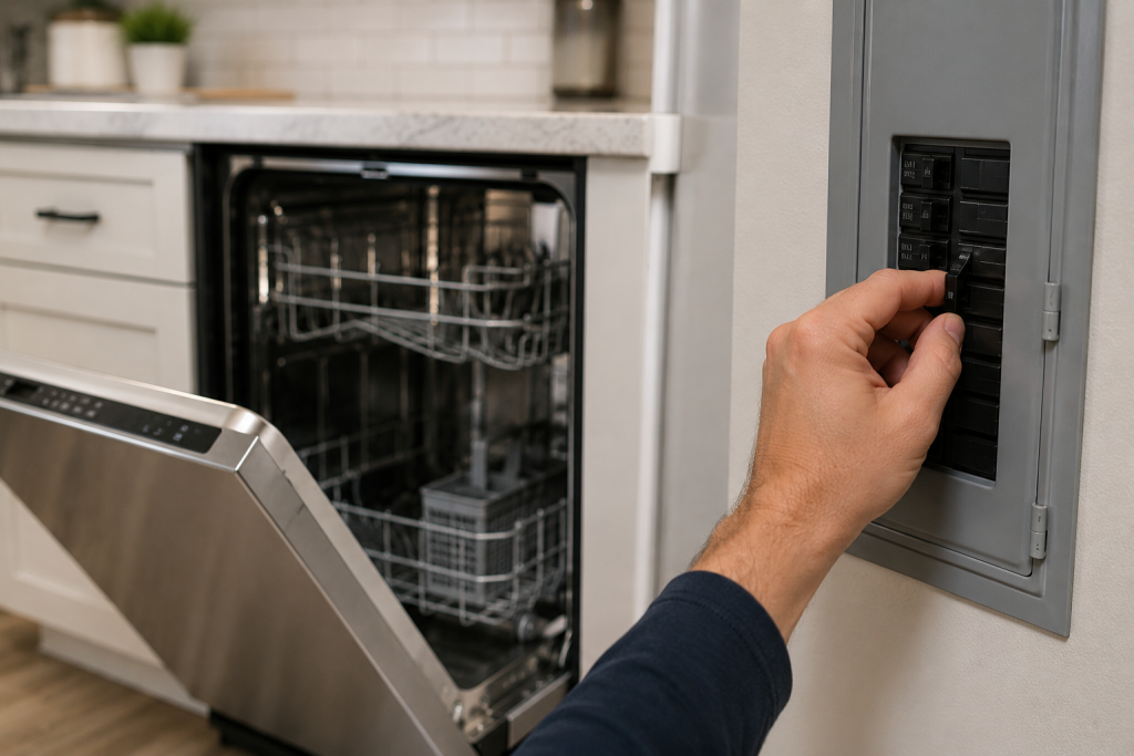 Homeowner resetting a GE dishwasher by turning off power at the kitchen circuit breaker before restarting the appliance for GE Dishwasher 815 Error