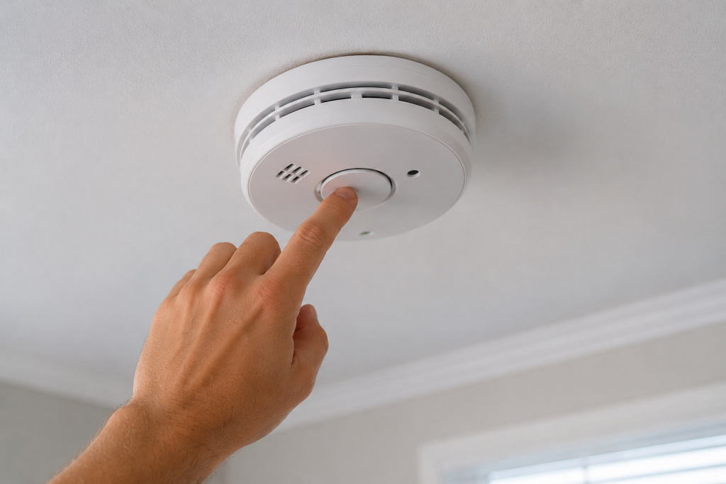 Homeowner pressing the test and reset button on a ceiling-mounted smoke detector to restore normal operation after a false alarm or battery replacement.