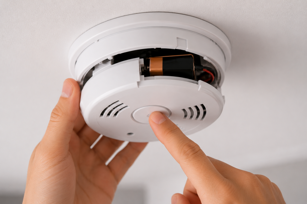 Person pressing the test button on a ceiling-mounted smoke detector to perform a full reset after replacing the battery.