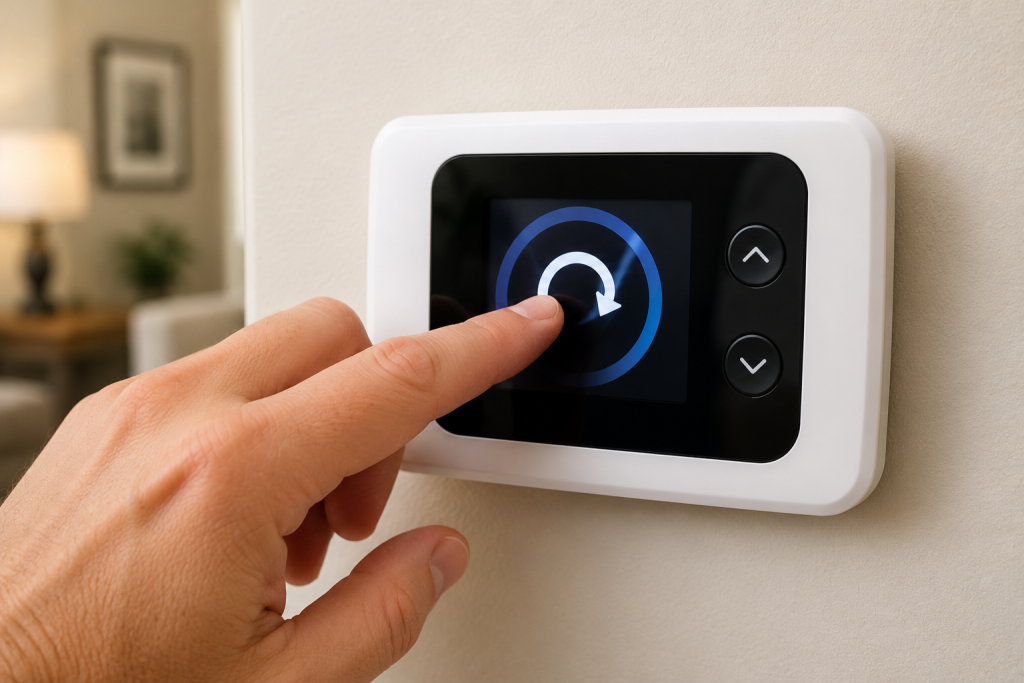 Person resetting a digital thermostat by pressing the reset control on the thermostat display.