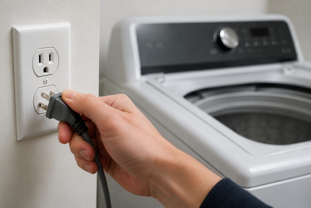Hand unplugging a Whirlpool washing machine from a wall outlet during a washer reset procedure in a laundry room for Whirlpool Washer LF Error