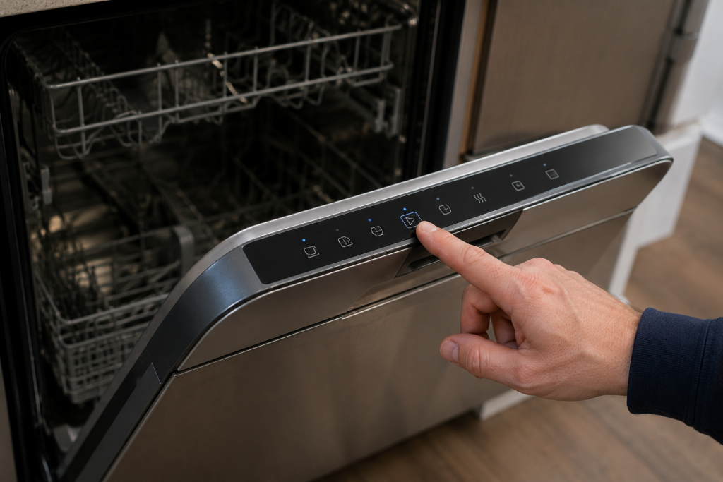 Homeowner starting a diagnostic cycle on a GE dishwasher using the control panel during troubleshooting