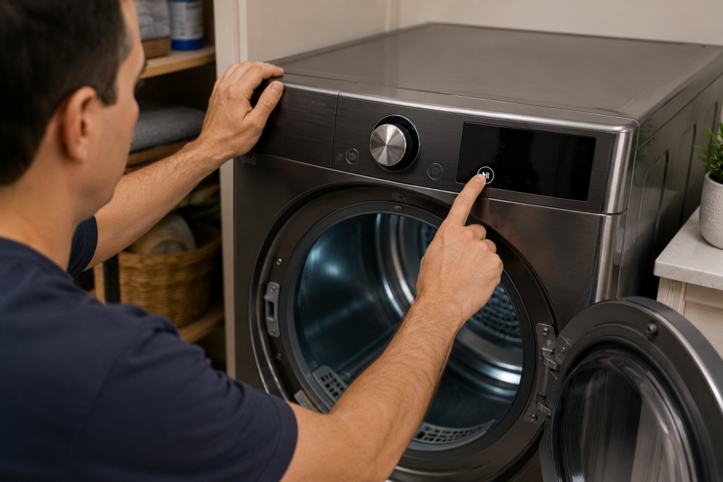 Homeowner operating the diagnostic controls on an LG dryer while running a Flow Sense airflow test to check for vent restrictions and airflow problems.