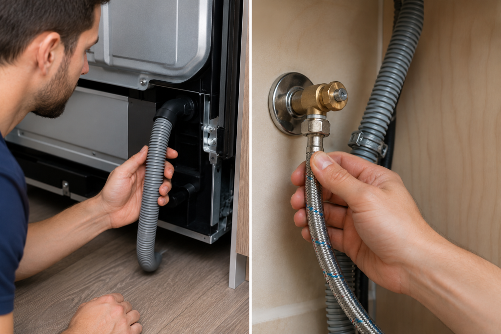 Homeowner inspecting drain hose and water supply line connections beneath a dishwasher, checking for loose fittings, leaks, damaged hoses, or moisture that could trigger a Samsung dishwasher LC code.