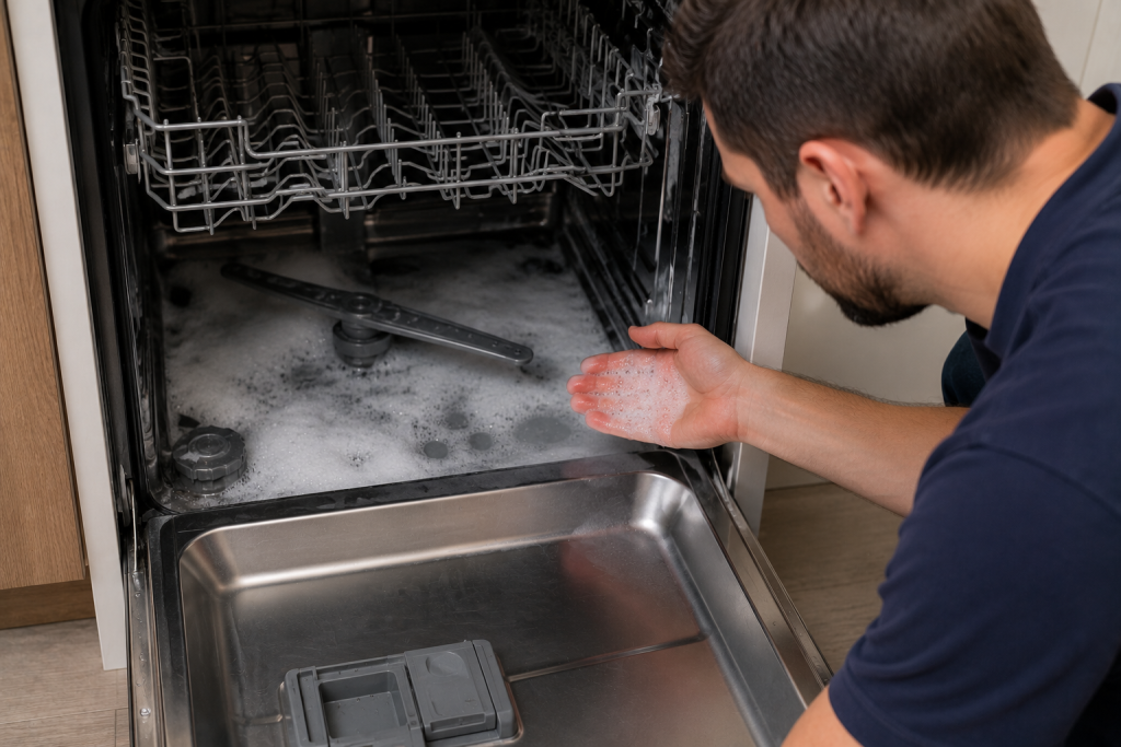 Open dishwasher filled with excessive soap suds and foam inside the tub, illustrating a detergent-related issue that can trigger a Samsung dishwasher LC code leak detection error.