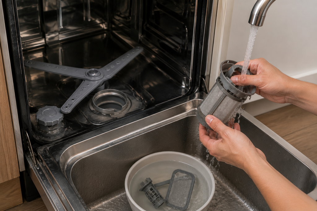 Homeowner removing and rinsing a dishwasher filter under running water to clear food debris and buildup that can contribute to a Samsung dishwasher LC code leak error.