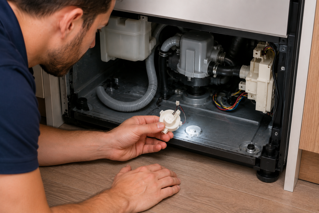 Homeowner inspecting a dishwasher leak sensor, wiring connections, and internal components inside the base compartment, checking for moisture, corrosion, damage, or sensor failure causing a Samsung dishwasher LC code.