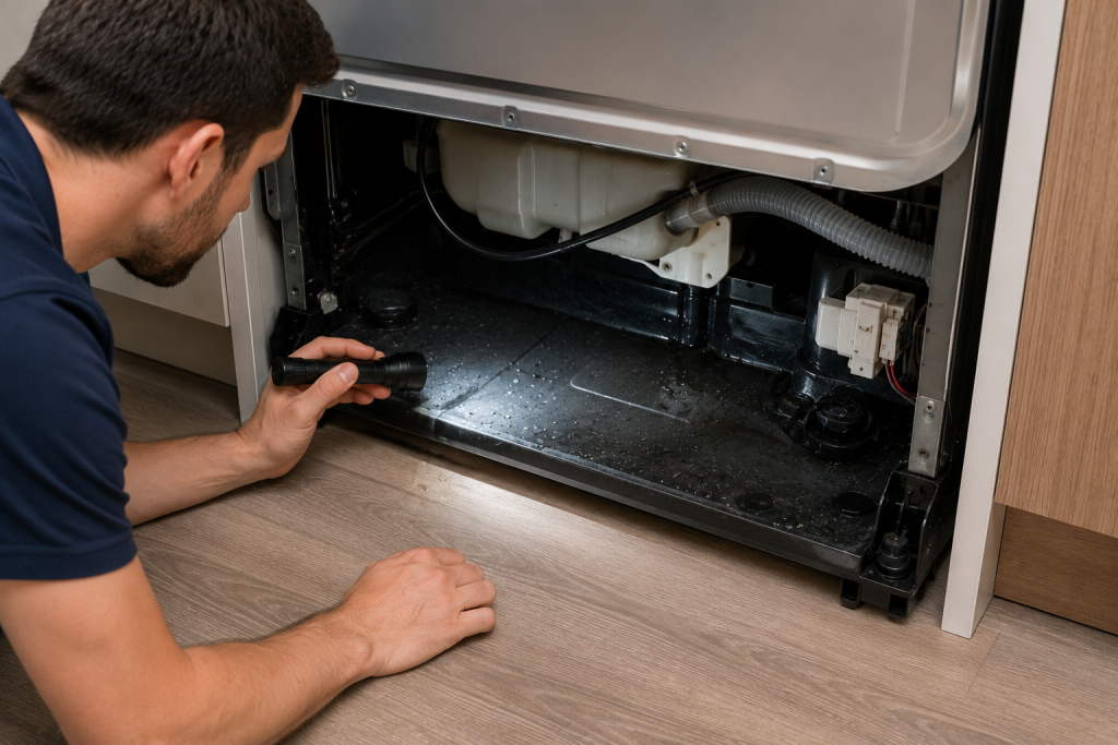 Homeowner using a flashlight to inspect the dishwasher base pan beneath the unit, looking for standing water, moisture, or leaks that could activate the Samsung dishwasher LC code leak sensor.