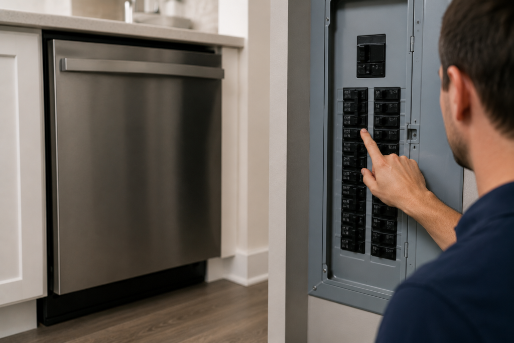 Homeowner unplugging a dishwasher power cord from a wall outlet to reset the appliance and troubleshoot a Samsung dishwasher LC code leak detection error.
