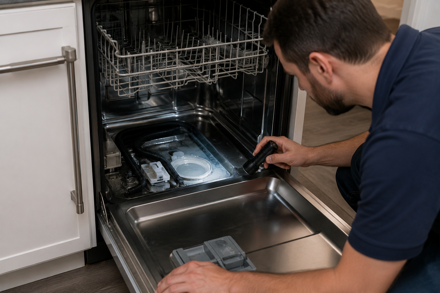 Homeowner inspecting the base of an open dishwasher with a flashlight, checking for water leaks and moisture that could trigger a Samsung dishwasher LC code leak detection error.