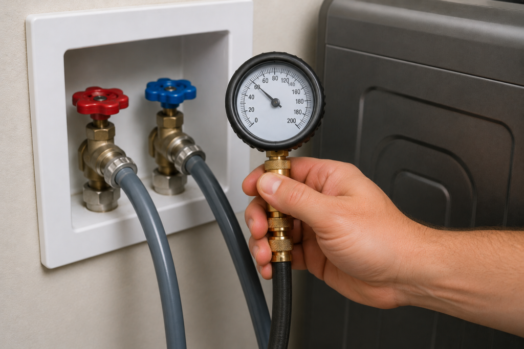 Homeowner testing household water pressure at a washing machine water supply connection to diagnose a Samsung washer 4C error caused by insufficient water flow.