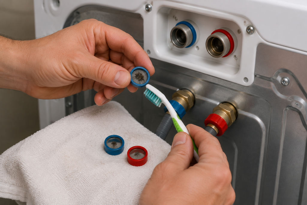Homeowner cleaning clogged water inlet screens on a washing machine with a small brush to remove sediment and mineral buildup causing a Samsung washer 4C error.