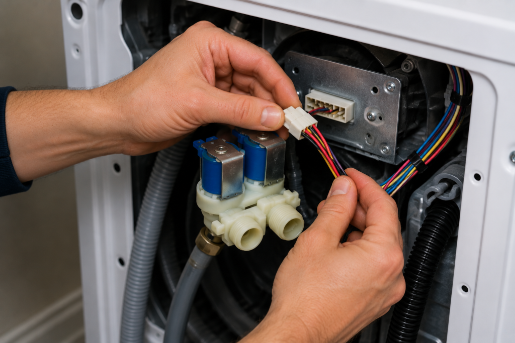 Homeowner inspecting and reconnecting wiring harness connections on a washing machine water inlet valve, checking for loose terminals, corrosion, or damaged wires causing a Samsung washer 4C error.