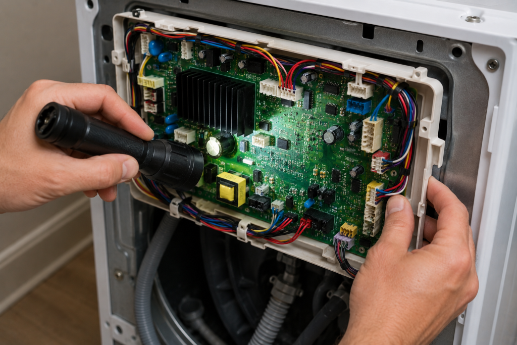 Homeowner inspecting a washing machine main control board and wiring connections for signs of burned components, corrosion, loose connectors, or electrical damage causing a Samsung washer 4C error.