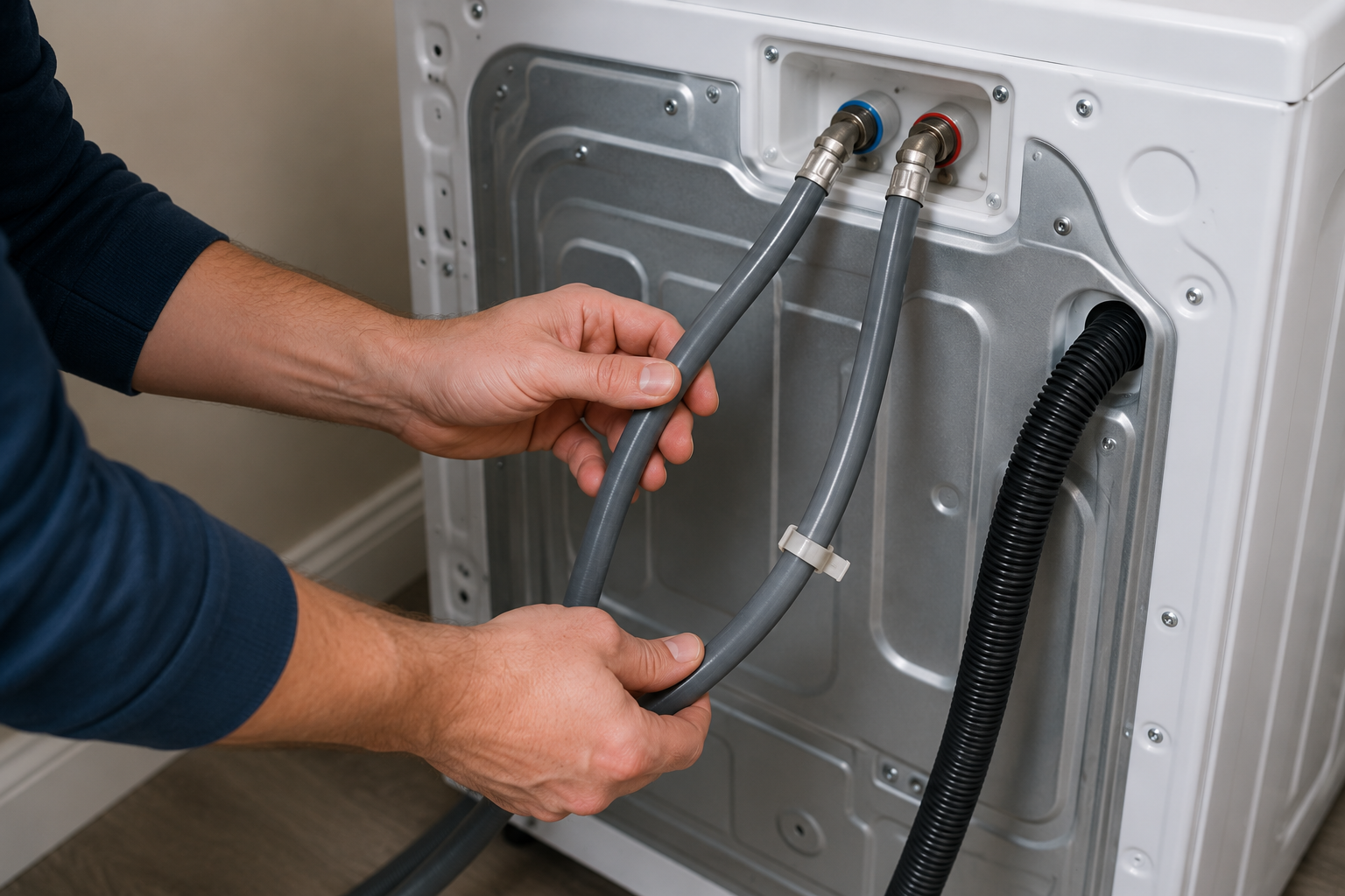 Homeowner inspecting hot and cold water fill hoses behind a washing machine, checking for kinks, twists, damage, or restrictions that could cause a Samsung washer 4C error.