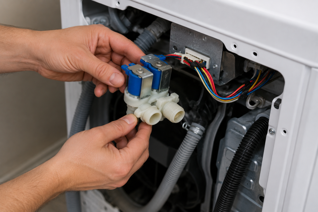 Homeowner inspecting a washing machine water inlet valve assembly and electrical connections for signs of mineral buildup, corrosion, or failure causing a Samsung washer 4C error.