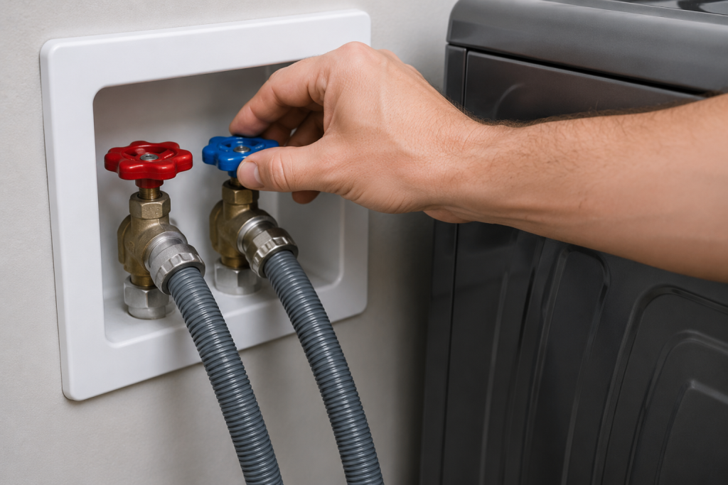 Homeowner opening hot and cold water supply valves behind a washing machine to restore proper water flow and resolve a Samsung washer 4C error.