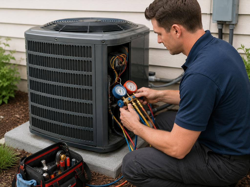 HVAC technician servicing a residential air conditioner outdoor unit with diagnostic gauges during a professional cooling system inspection and repair visit.