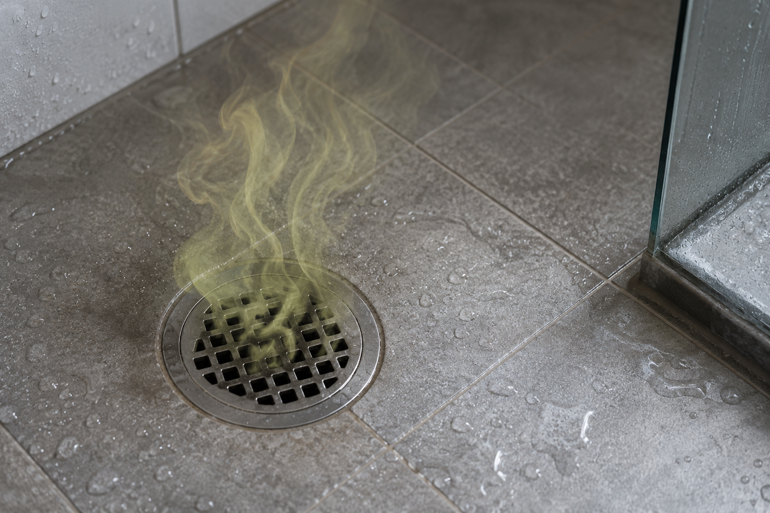 Modern bathroom shower drain with water flowing toward the drain and subtle signs of a plumbing odor issue beneath the surface.