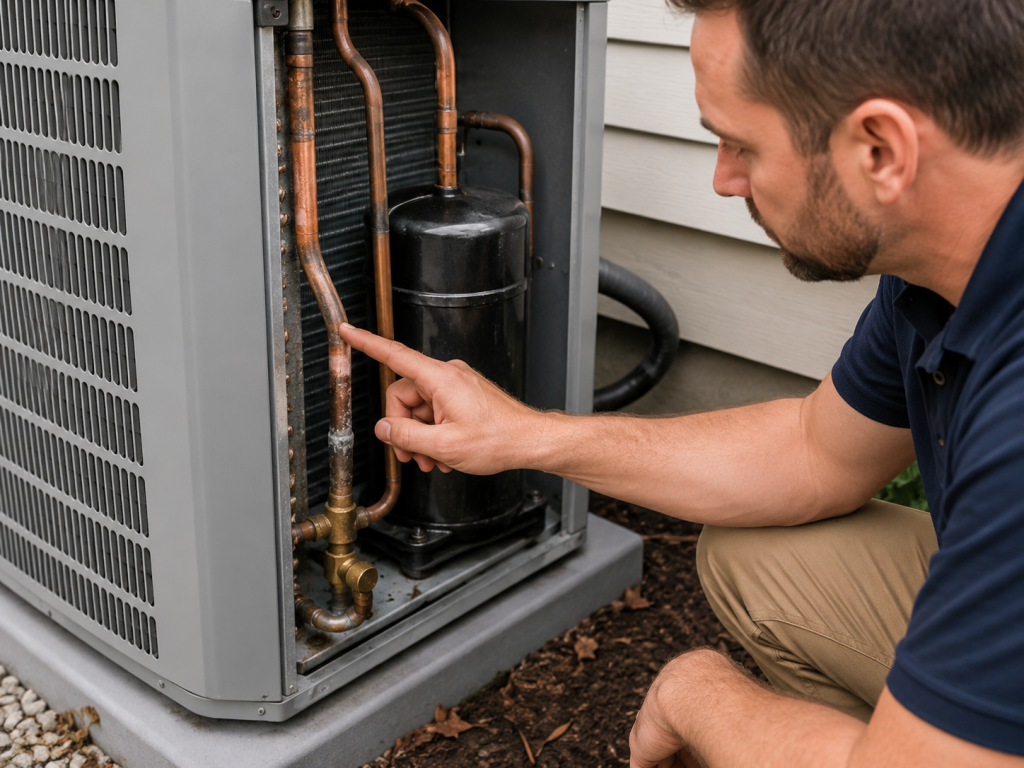 Air conditioner refrigerant line covered in frost near an outdoor condenser unit, showing a common sign of low refrigerant levels and potential cooling system problems.