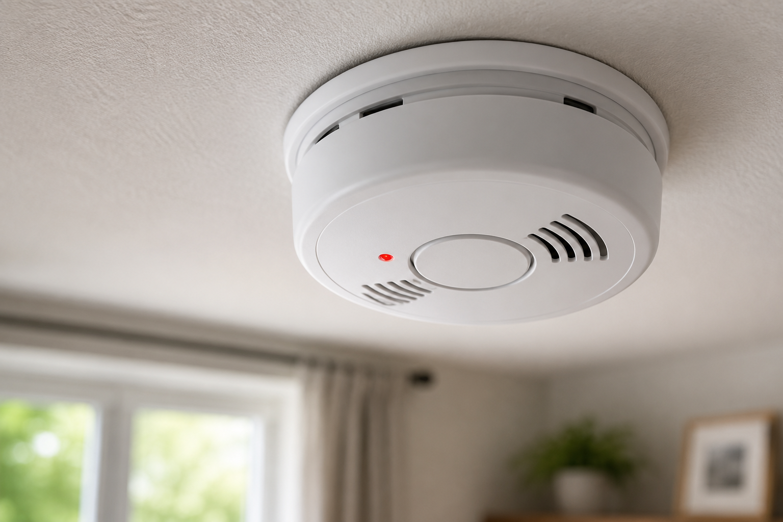 Smoke detector mounted on a residential ceiling with a red indicator light in a bright home interior.