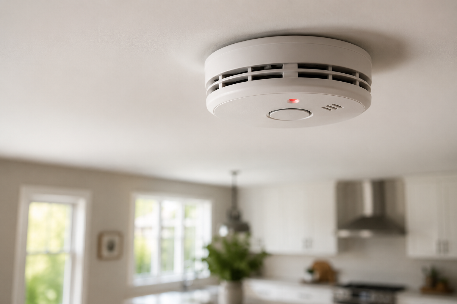 Modern ceiling-mounted smoke detector in a residential home with a blurred kitchen background, representing troubleshooting false smoke alarm issues.