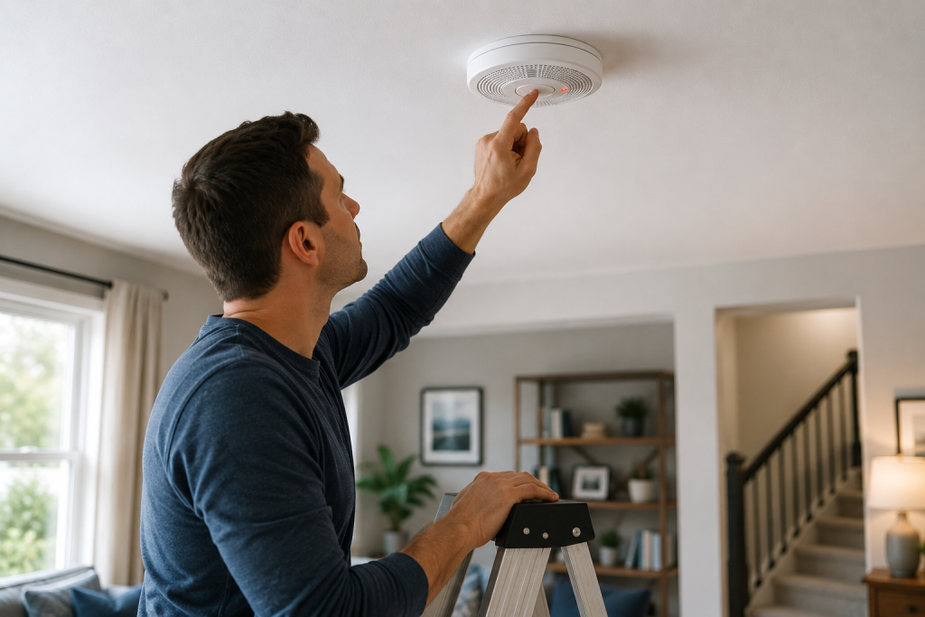 Homeowner standing on a ladder and pressing the test button on a ceiling-mounted smoke detector as part of routine smoke alarm maintenance and safety testing.