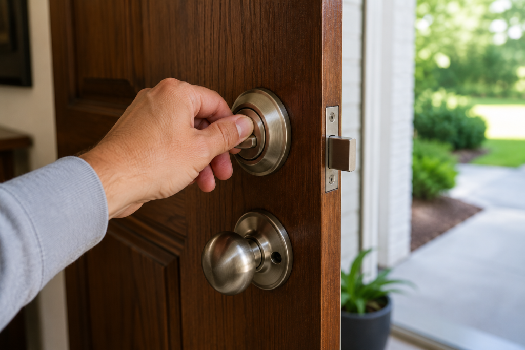 Homeowner testing a deadbolt lock with the front door open by turning the thumbturn and extending the bolt to check for smooth operation and identify alignment issues for deadbolt won't turn.