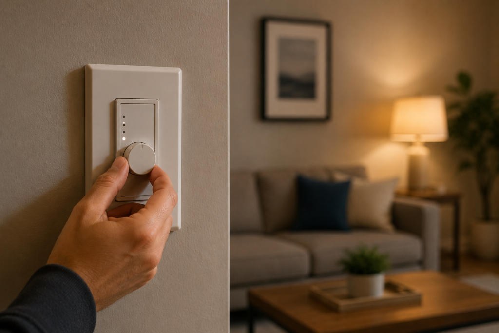 Homeowner adjusting a dimmer switch in a living room to test brightness settings and verify proper light control during electrical troubleshooting.