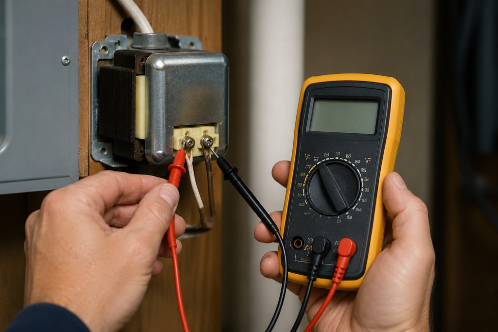 Homeowner using a digital multimeter to test voltage at a doorbell transformer mounted near an electrical panel, checking whether the transformer is supplying power to the doorbell system.