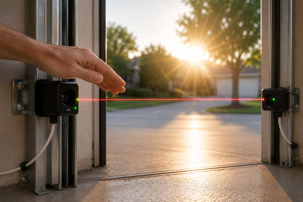 Bright afternoon sunlight shining directly onto a garage door safety sensor mounted near the bottom of the door track, illustrating how glare can interfere with sensor operation and prevent the garage door from closing properly.